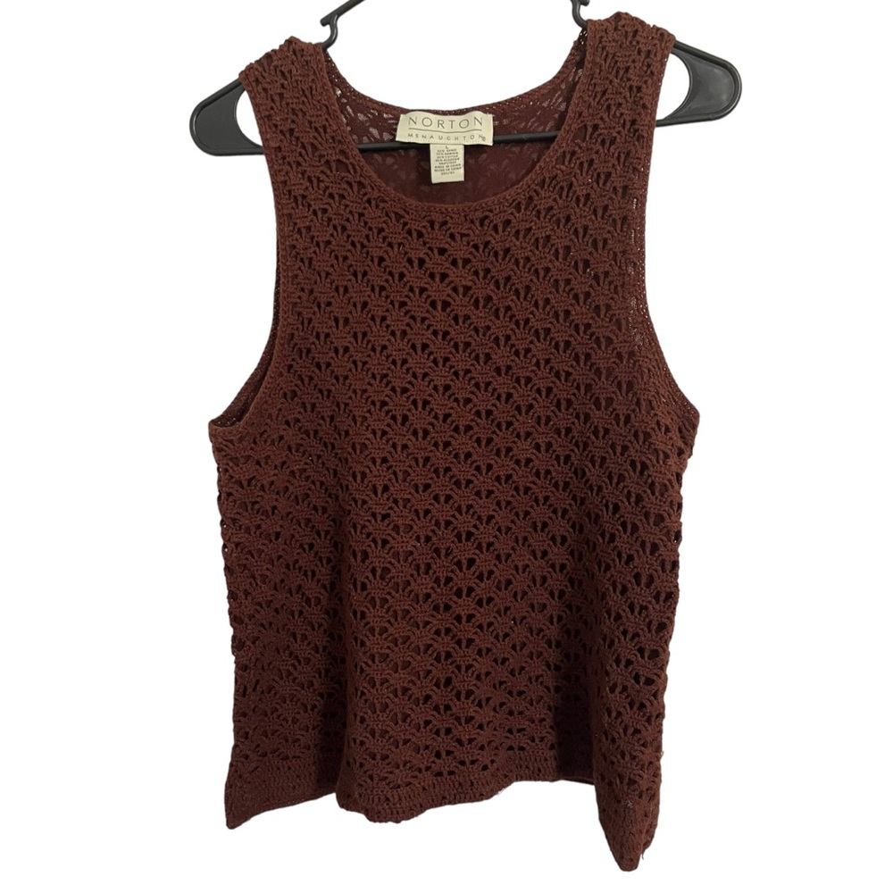 Vintage Norton McNaughton Crocheted Brown Tank Top Open Knit Cottagecore Large